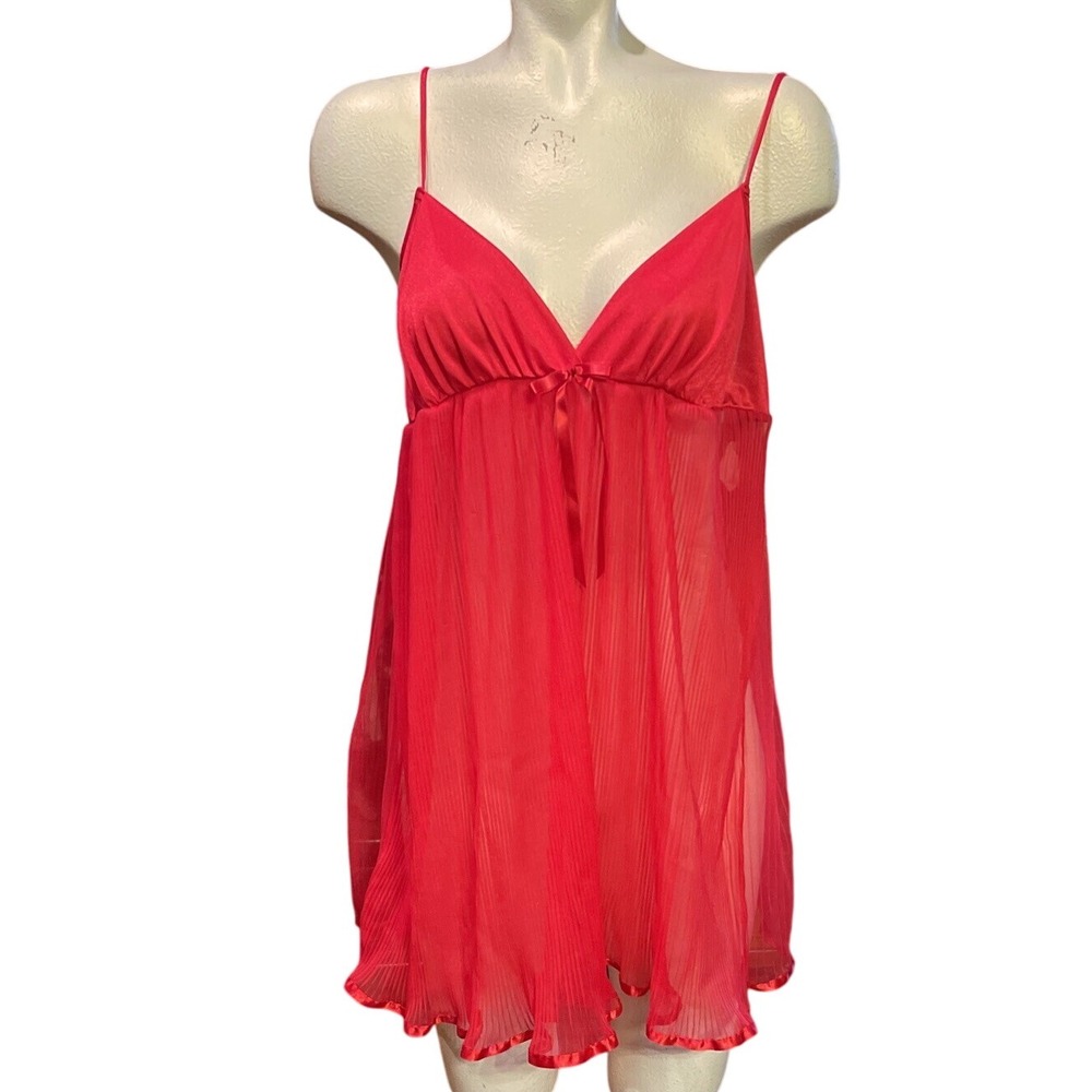 Red Babydoll Lingerie Chemise Pleated Ruffle Trim Sleepwear Mini Dress
